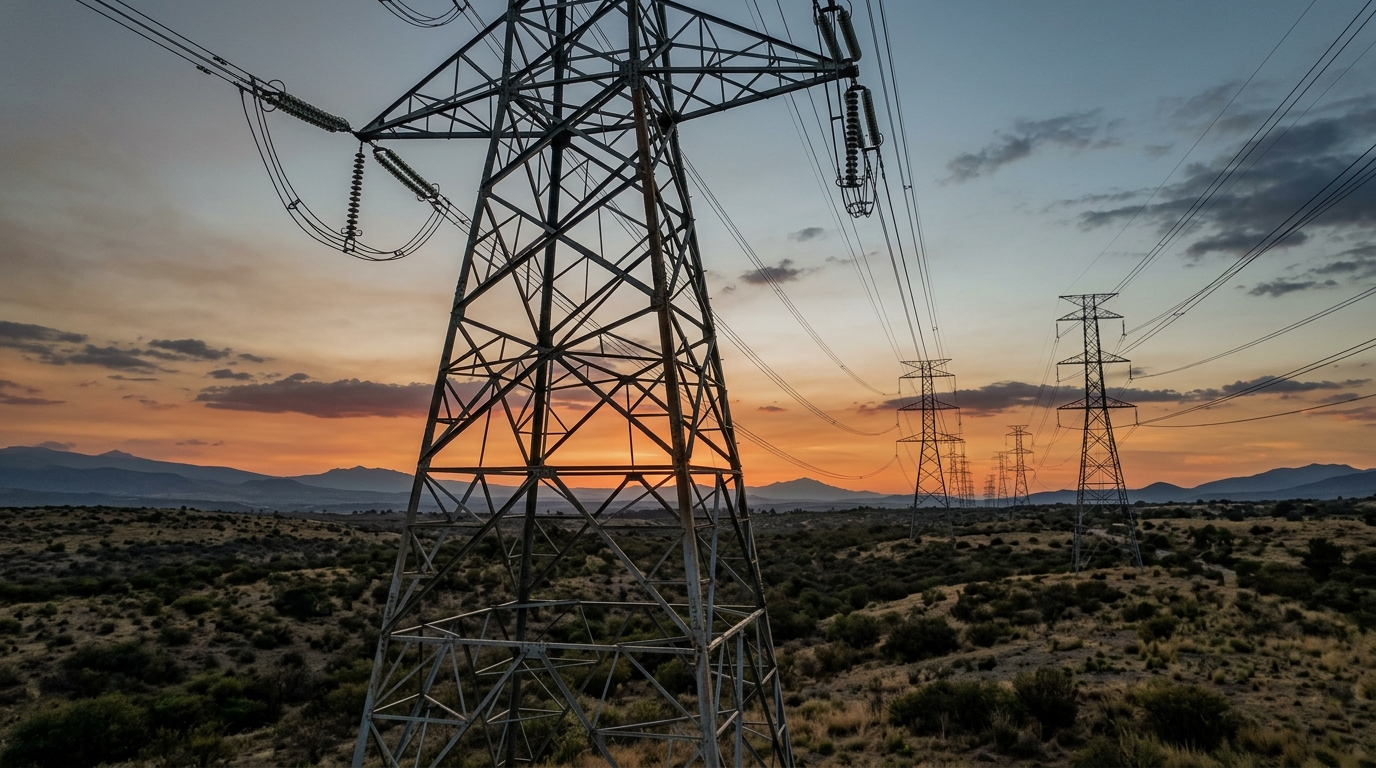 Torres de transmisión eléctrica de alta tensión al atardecer en el Valle de México