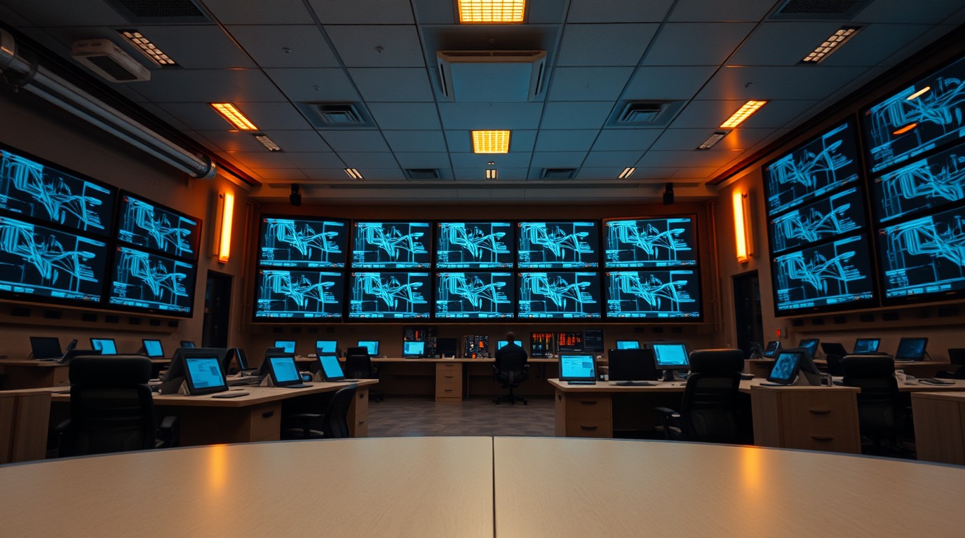 Sala de control de la CFE con muros de monitores del Sistema Eléctrico Nacional