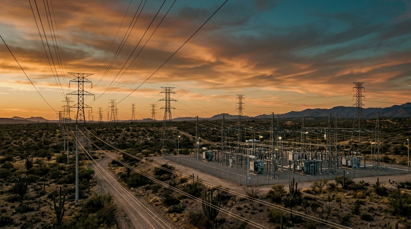 Electrical transmission towers representing CFE infrastructure investment at sunset