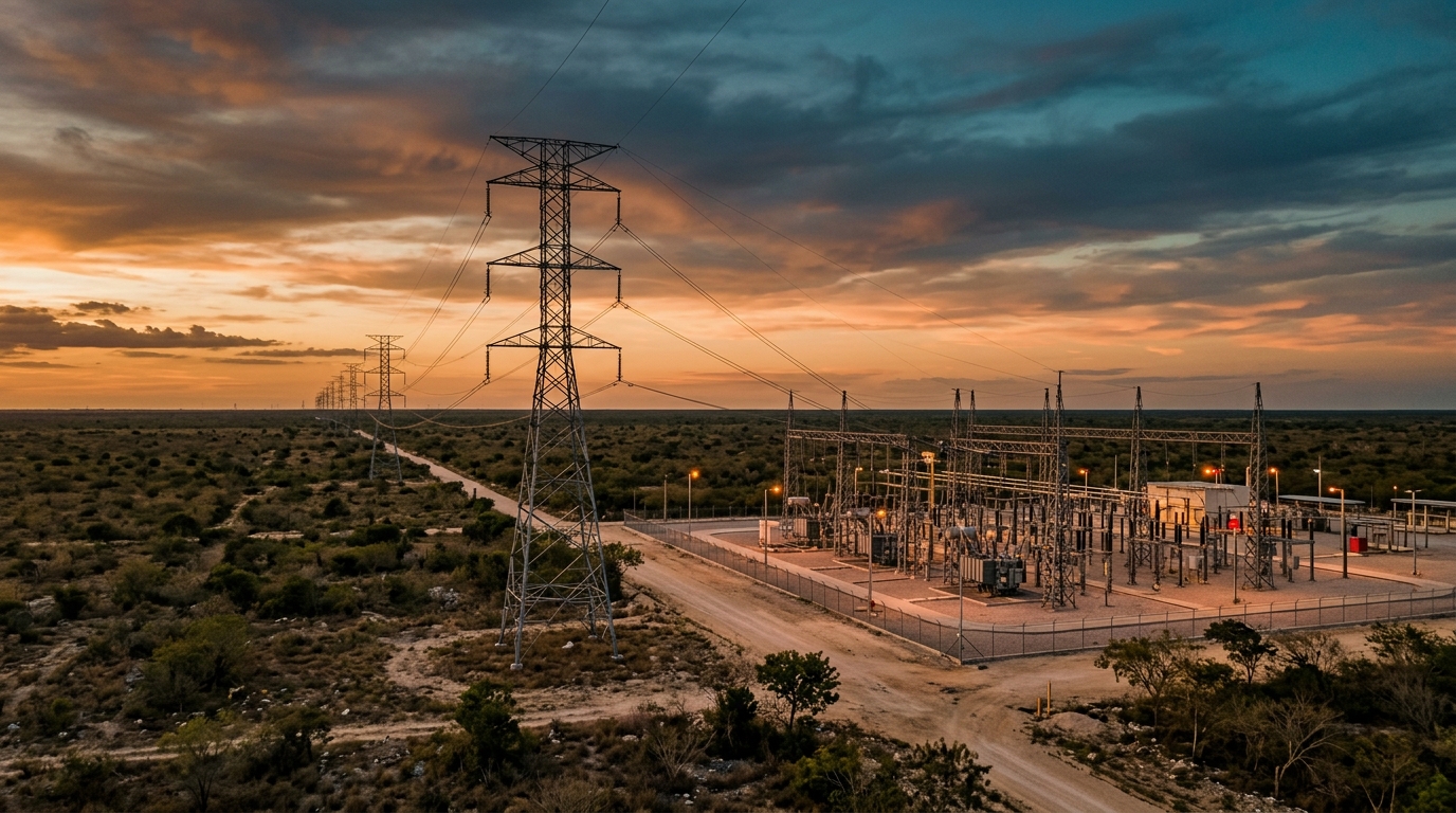 Torres de transmisión de la CFE en la península de Yucatán al atardecer