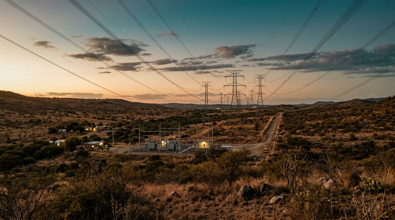 Interrupciones eléctricas: torres de transmisión y líneas de alta tensión al atardecer