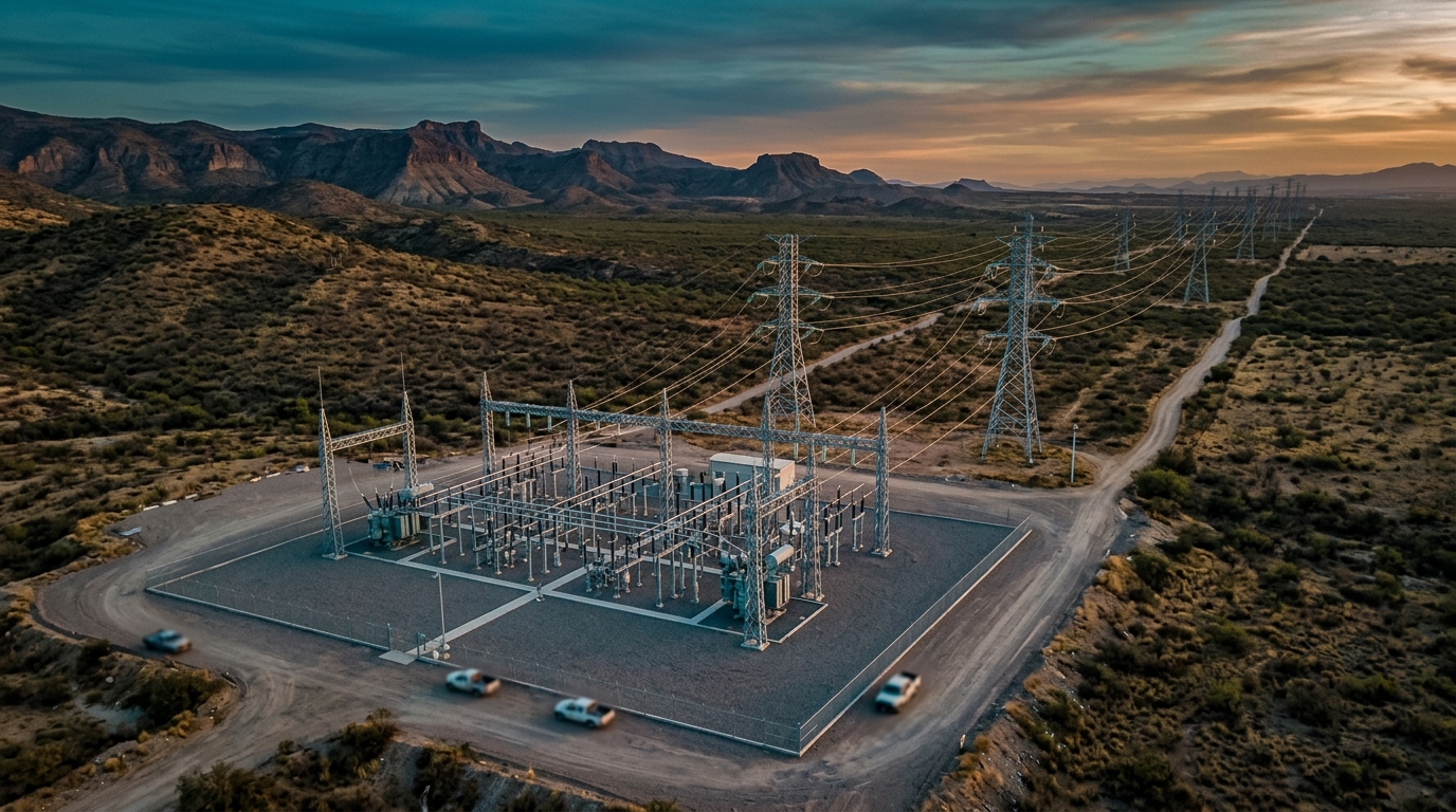 Torres de transmisión de alta tensión al atardecer, reestructura CFE en redes eléctricas