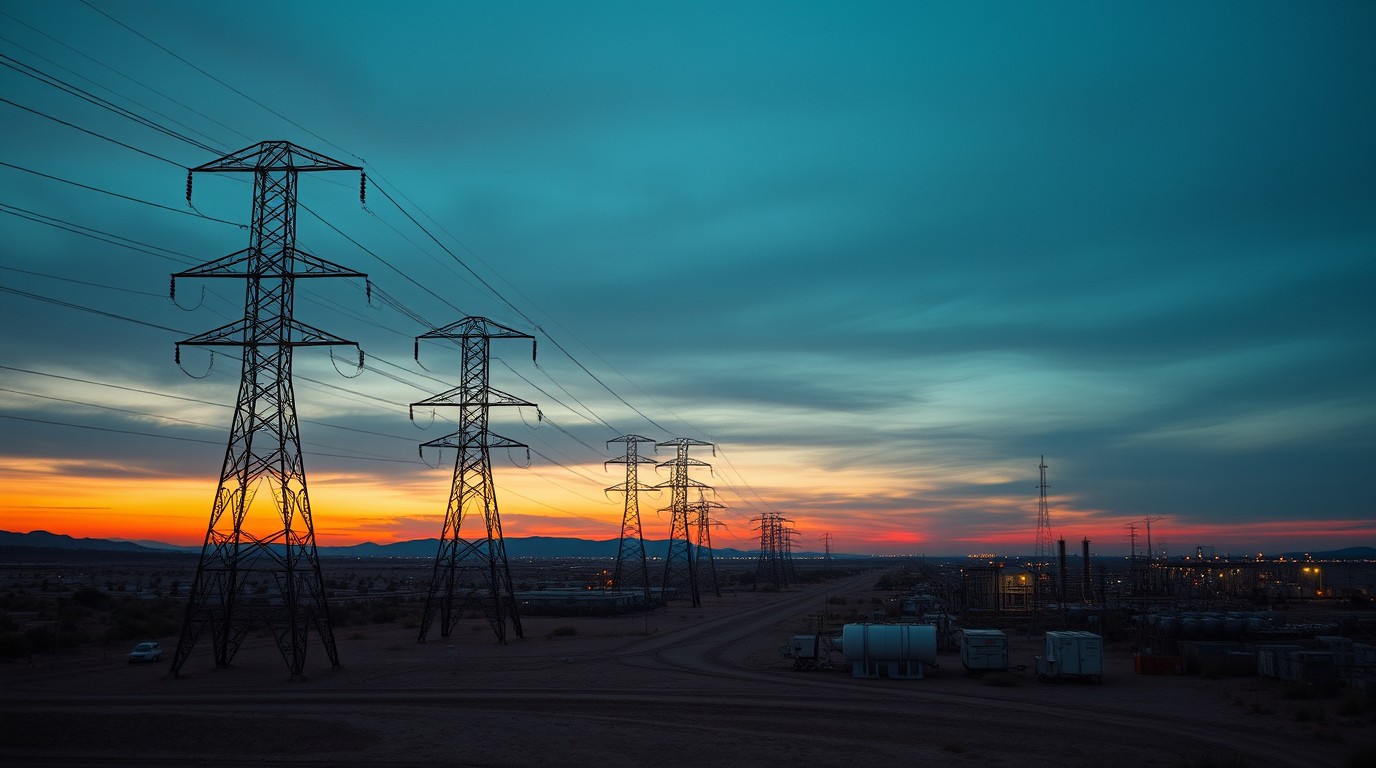 Restablecimiento eléctrico: torres de transmisión en el noroeste desértico al atardecer