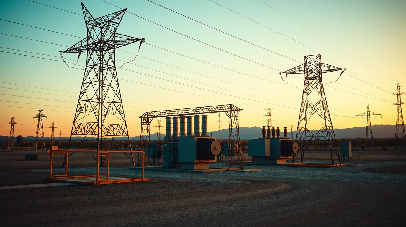 Plan electrico CFE 2025-2030 con subestación y torres de transmisión del Sistema Eléctrico Nacional al atardecer