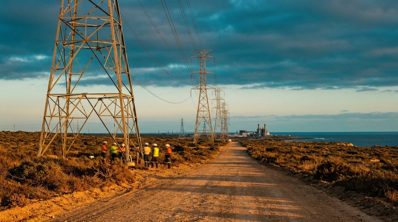 Infraestructura de suministro eléctrico con líneas de transmisión al atardecer en México