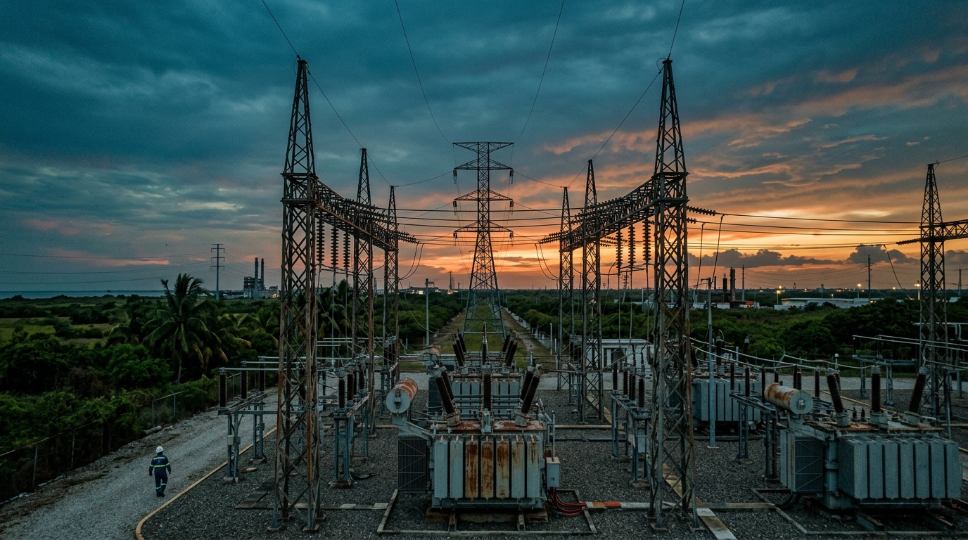 Subestación eléctrica de transmisión con transformadores y líneas de alta tensión en Tabasco