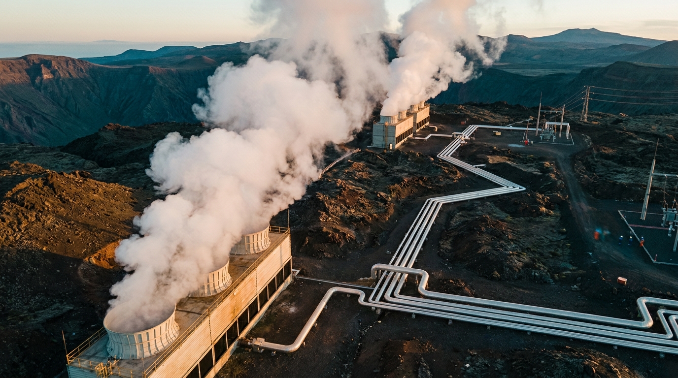 Campo geotérmico Los Humeros con torres de enfriamiento y tuberías de vapor en paisaje volcánico de Puebla