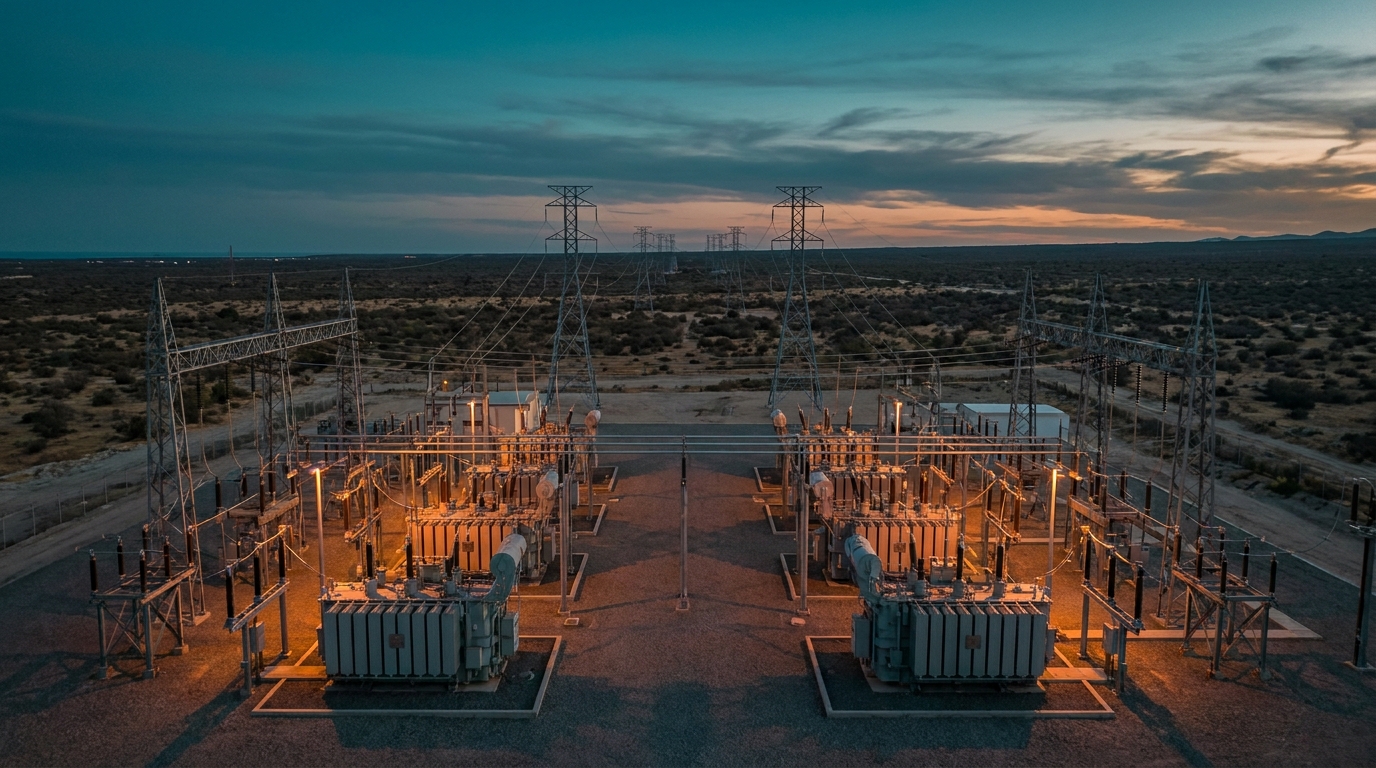 Subestación eléctrica con transformador de alta tensión en paisaje desértico de Baja California Sur al atardecer