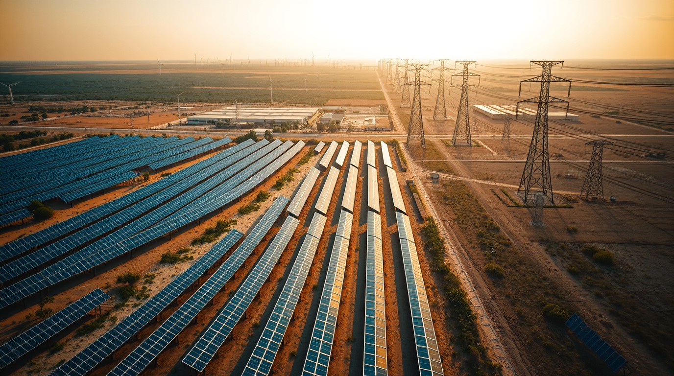 Paneles solares en fila frente a torres de transmisión en el desierto mexicano