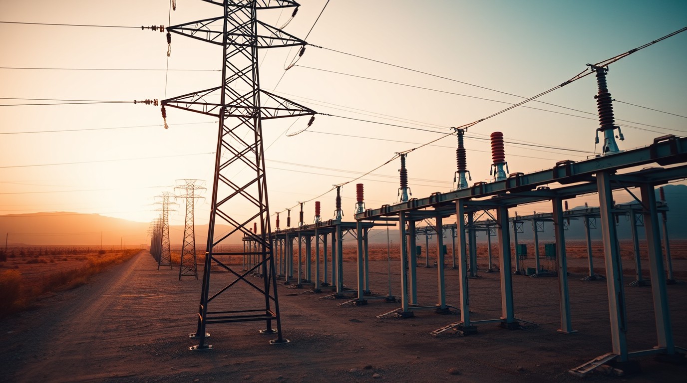 High-voltage electrical substation with transmission towers at sunrise in Mexico
