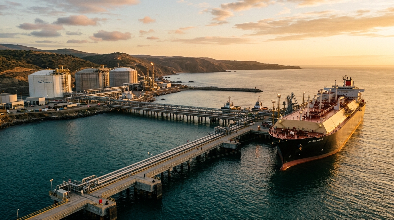 Chilean regasification terminal for exporting Vaca Muerta gas at sunset
