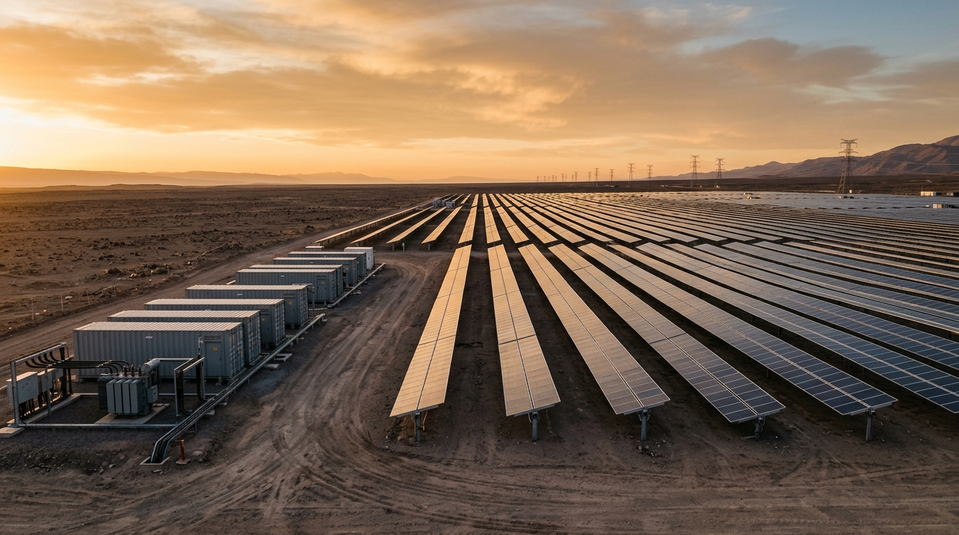 Solar panels and battery containers in Chile's Atacama desert at dawn