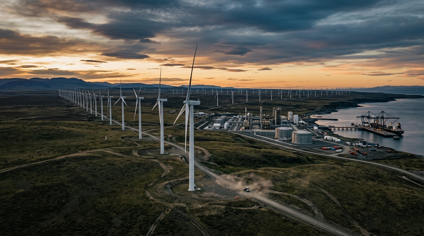 Parque eólico de 194 aerogeneradores en la estepa de Magallanes al amanecer, amoniaco verde