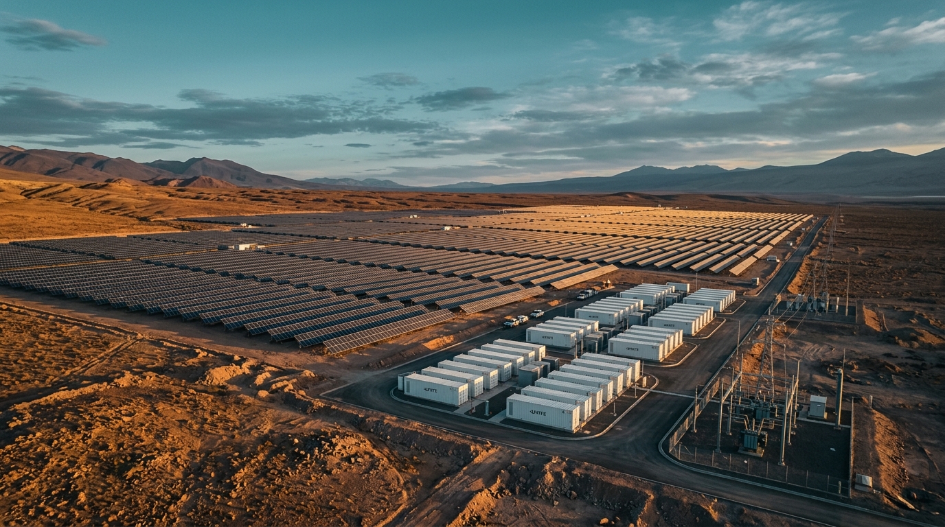 Battery storage systems at a Chilean solar park at sunset