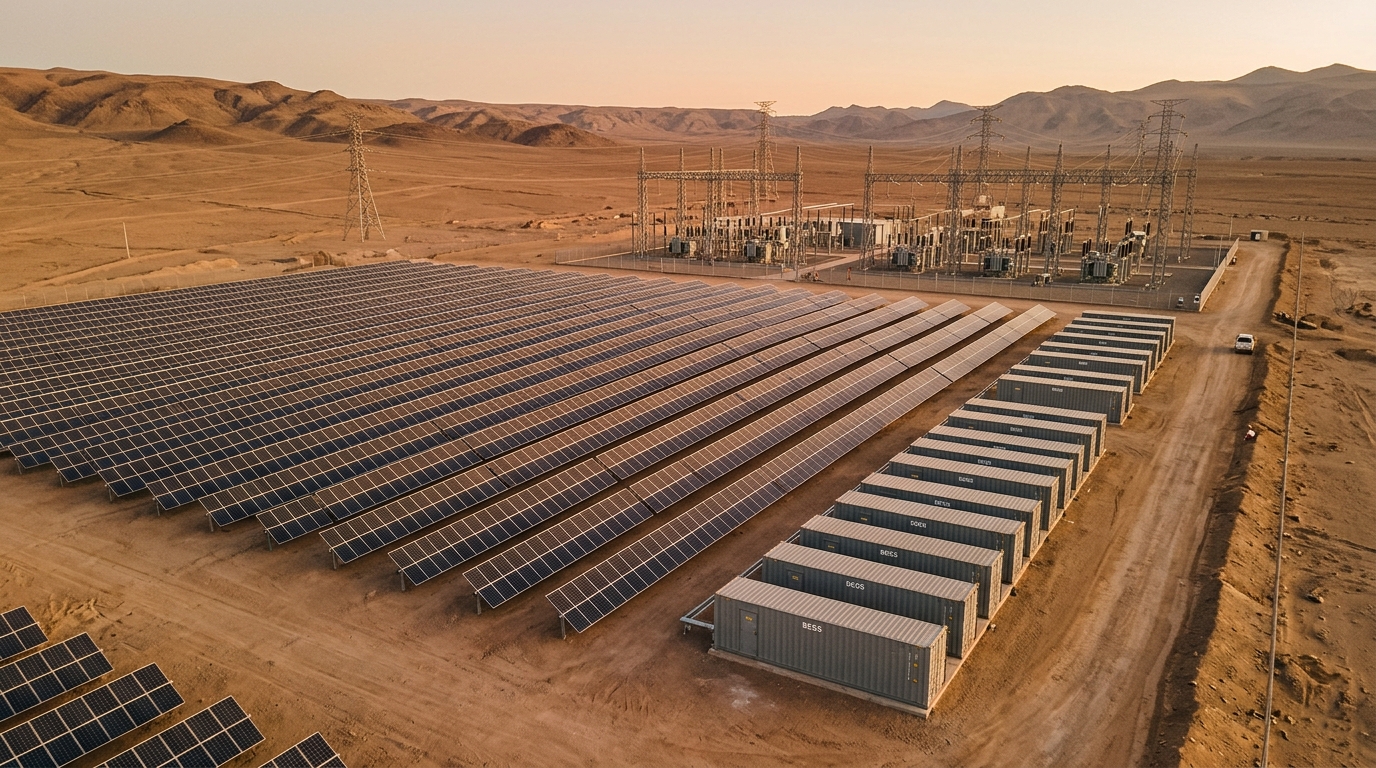 Subestación eléctrica y baterías en el desierto, región del campus de IA Antofagasta