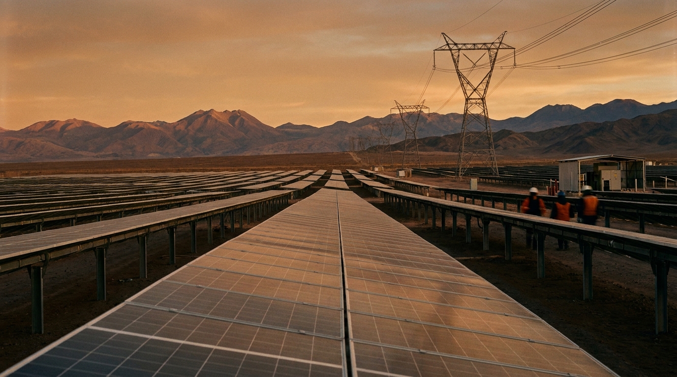 Paneles solares en desierto chileno con líneas de transmisión al horizonte