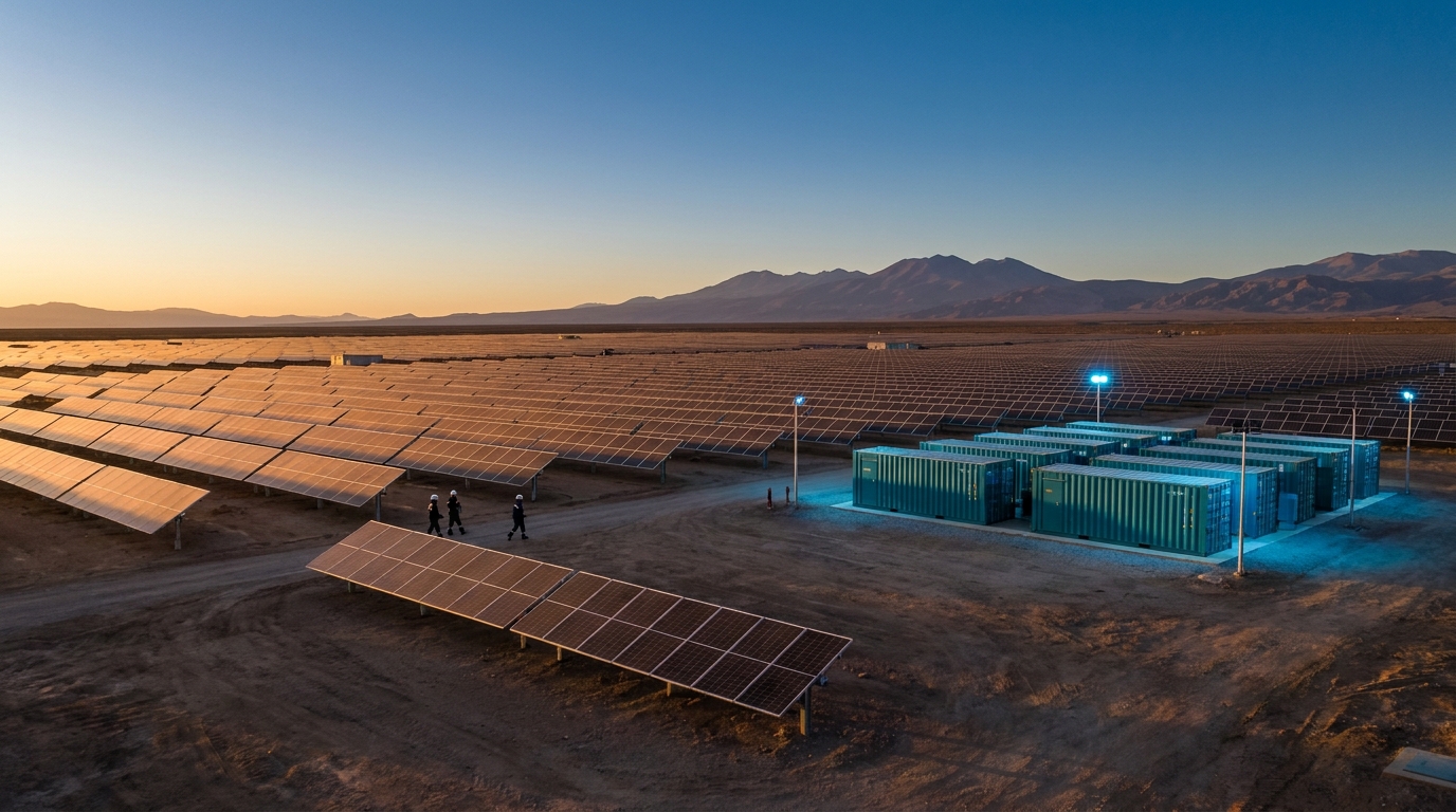 Battery storage system next to a solar farm in the Atacama Desert, Chile