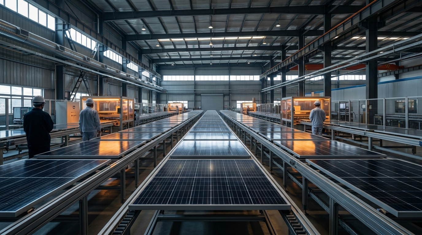 Fábrica de módulos solares en China con paneles monocristalinos bajo luces de inspección industrial
