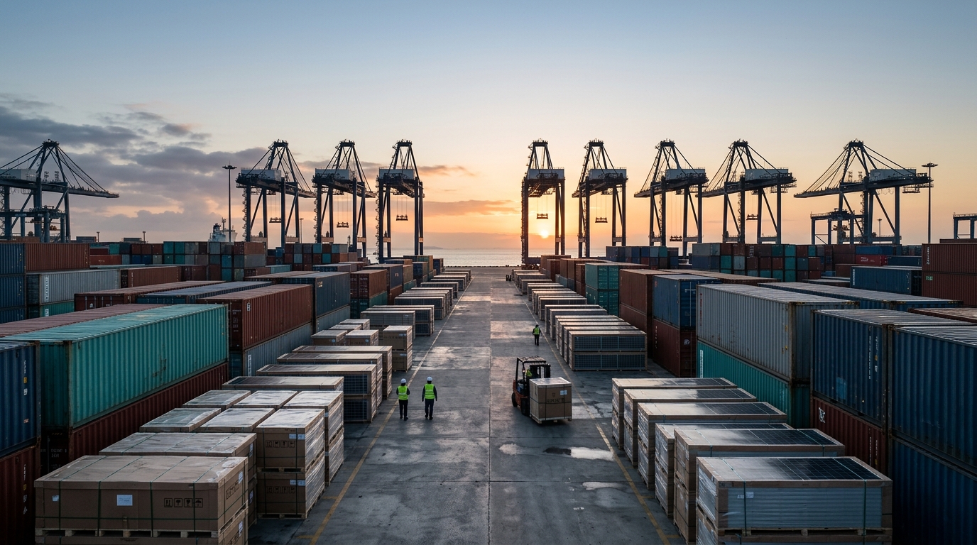 Chinese clean technology containers at a port ready for export