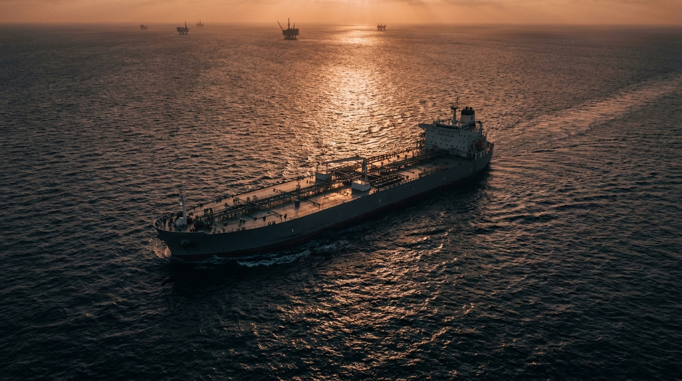 Buque tanque en altamar al atardecer con reflejos dorados sobre el agua, comercio petrolero global
