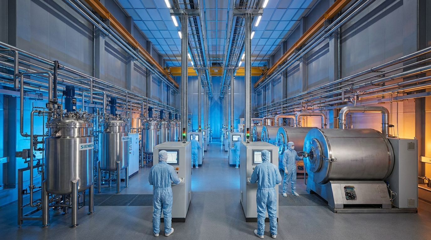 Instalación industrial de producción de polisilicio con reactores Siemens en ambiente de cuarto limpio