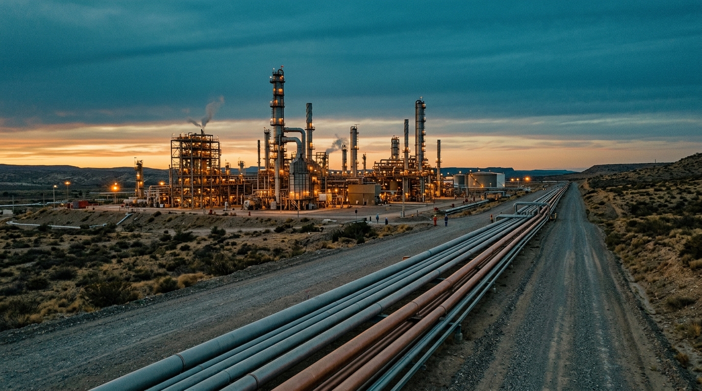 Oil refinery and pipelines in a Latin American landscape at dusk, 2026 oil shock, amber tones