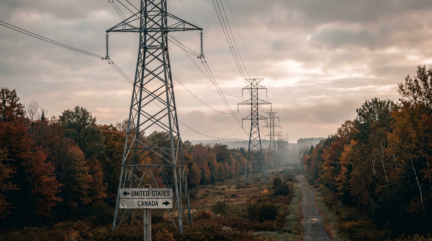 Torres de transmisión de alta tensión en paisaje fronterizo entre Estados Unidos y Canadá con flujo eléctrico transfronterizo récord de 52 GWh