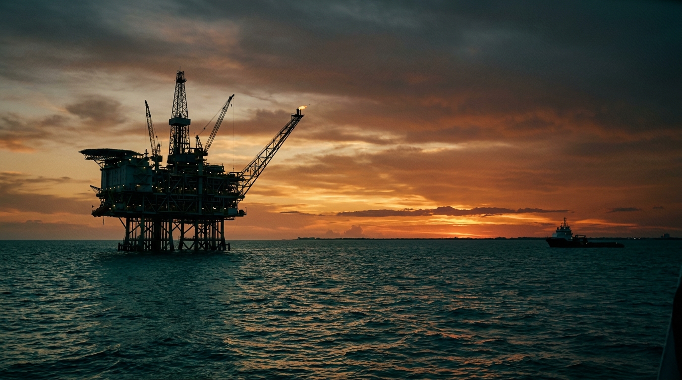 Plataforma petrolera costa afuera en el Golfo de México al atardecer con tonos ámbar