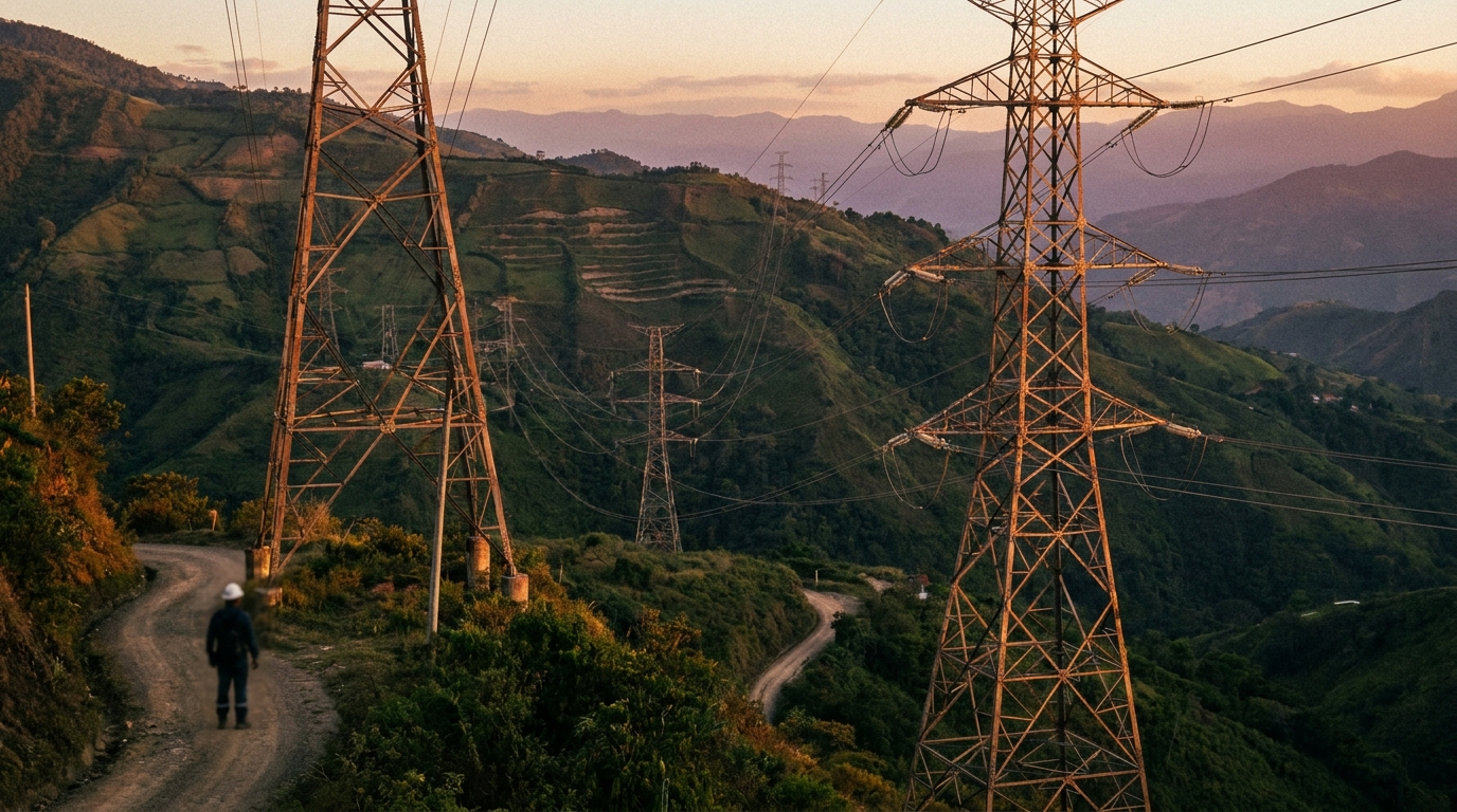 Torres de alta tensión en los Andes colombianos al atardecer, déficit eléctrico en Colombia
