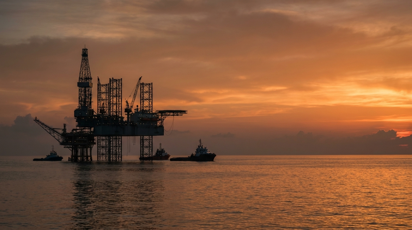 Plataforma petrolera en el Caribe colombiano al atardecer con luz dorada