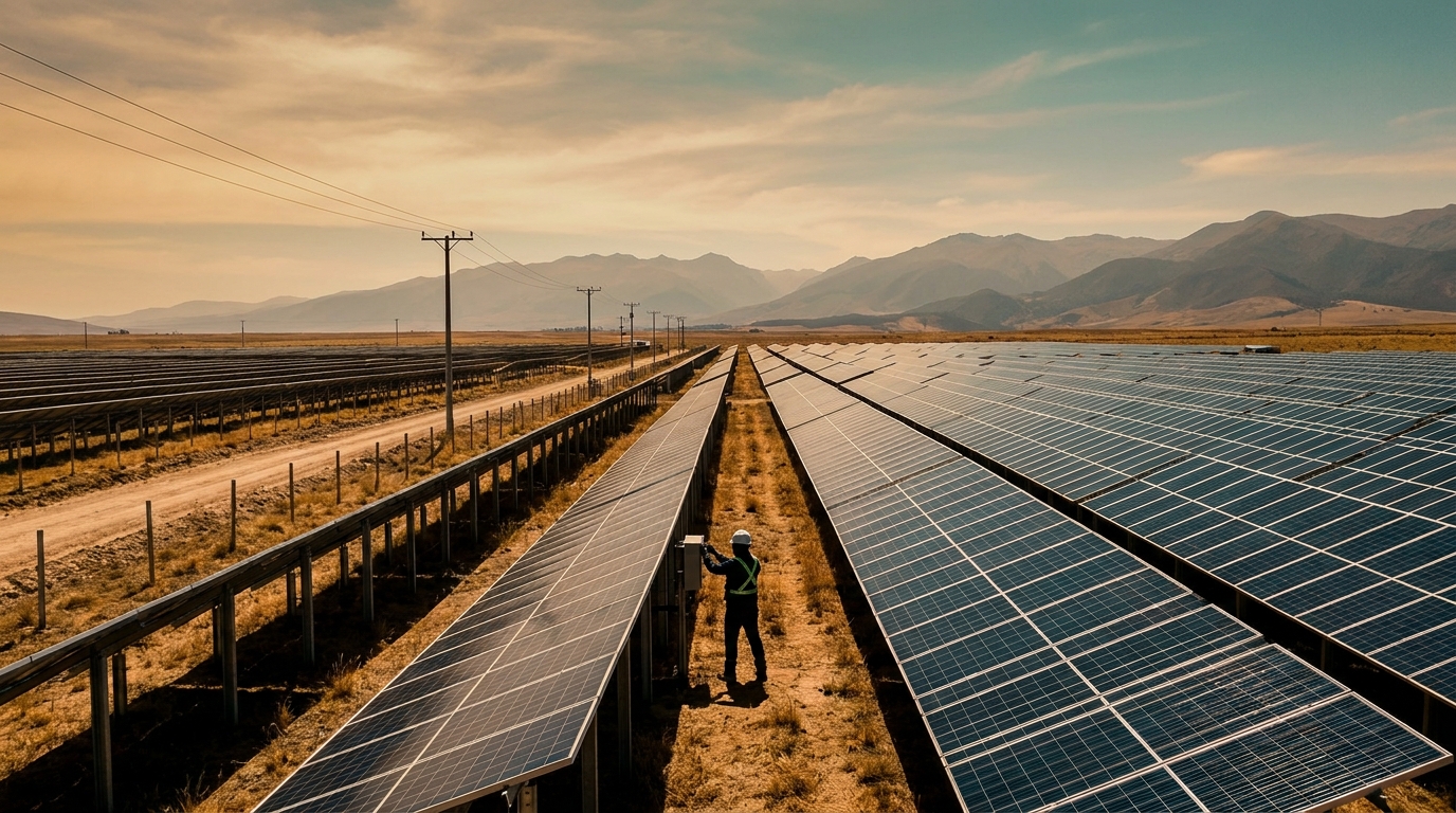 Parque solar en altiplano colombiano con hileras de paneles fotovoltaicos bajo sol matutino