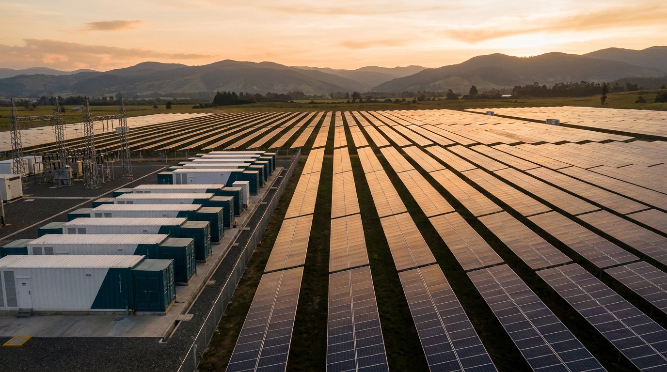 Parque solar con contenedores de baterías BESS y subestación en el altiplano colombiano al atardecer