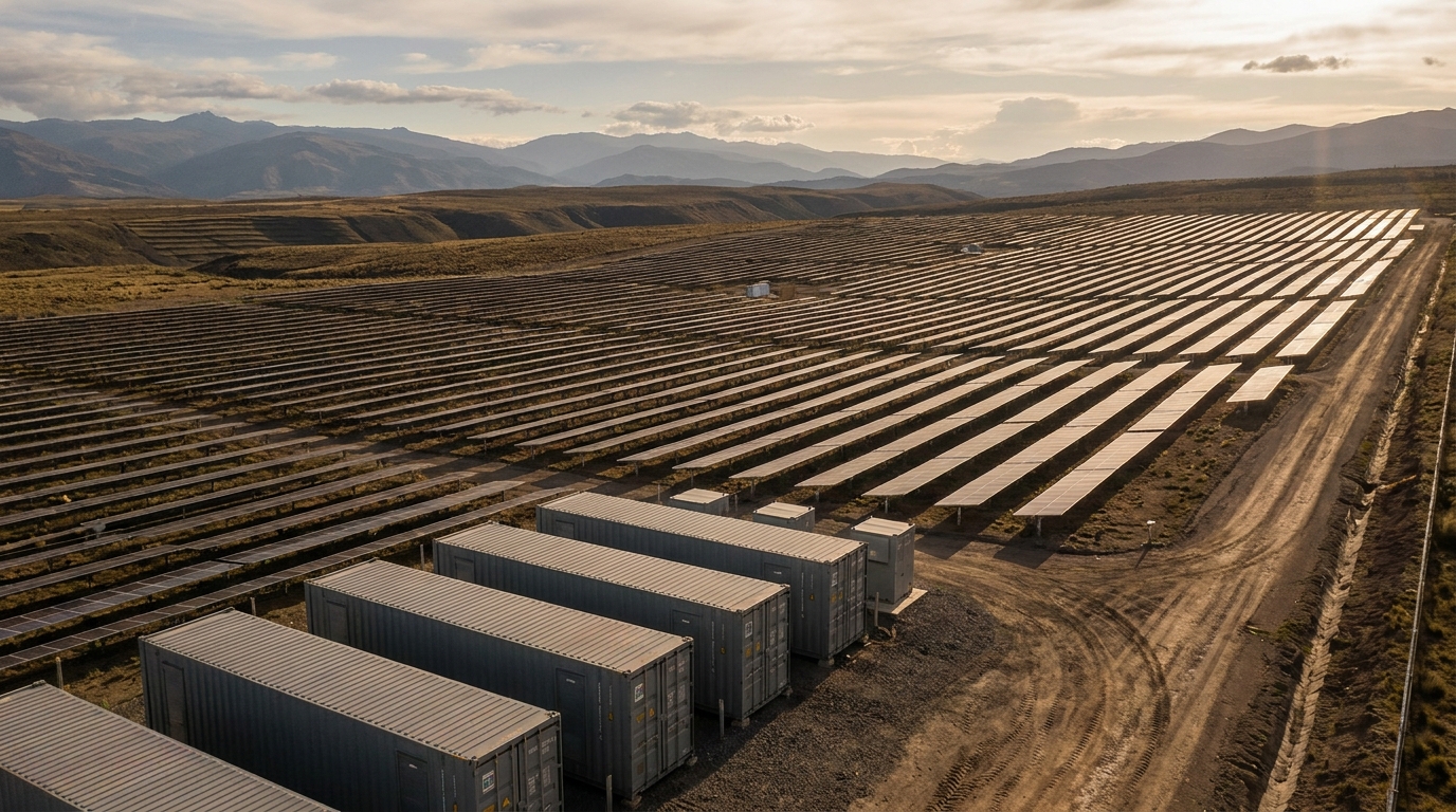 Parque solar con contenedores de baterías en el altiplano colombiano al atardecer