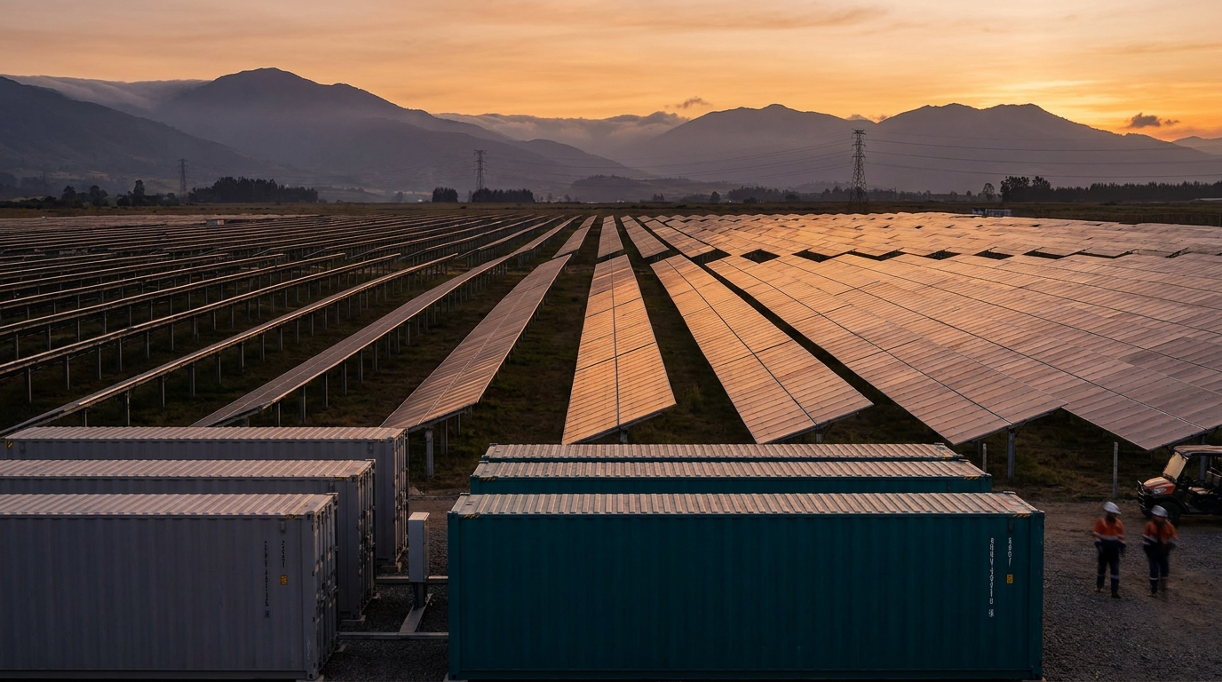 Solar park with battery containers on the Colombian highlands at dusk