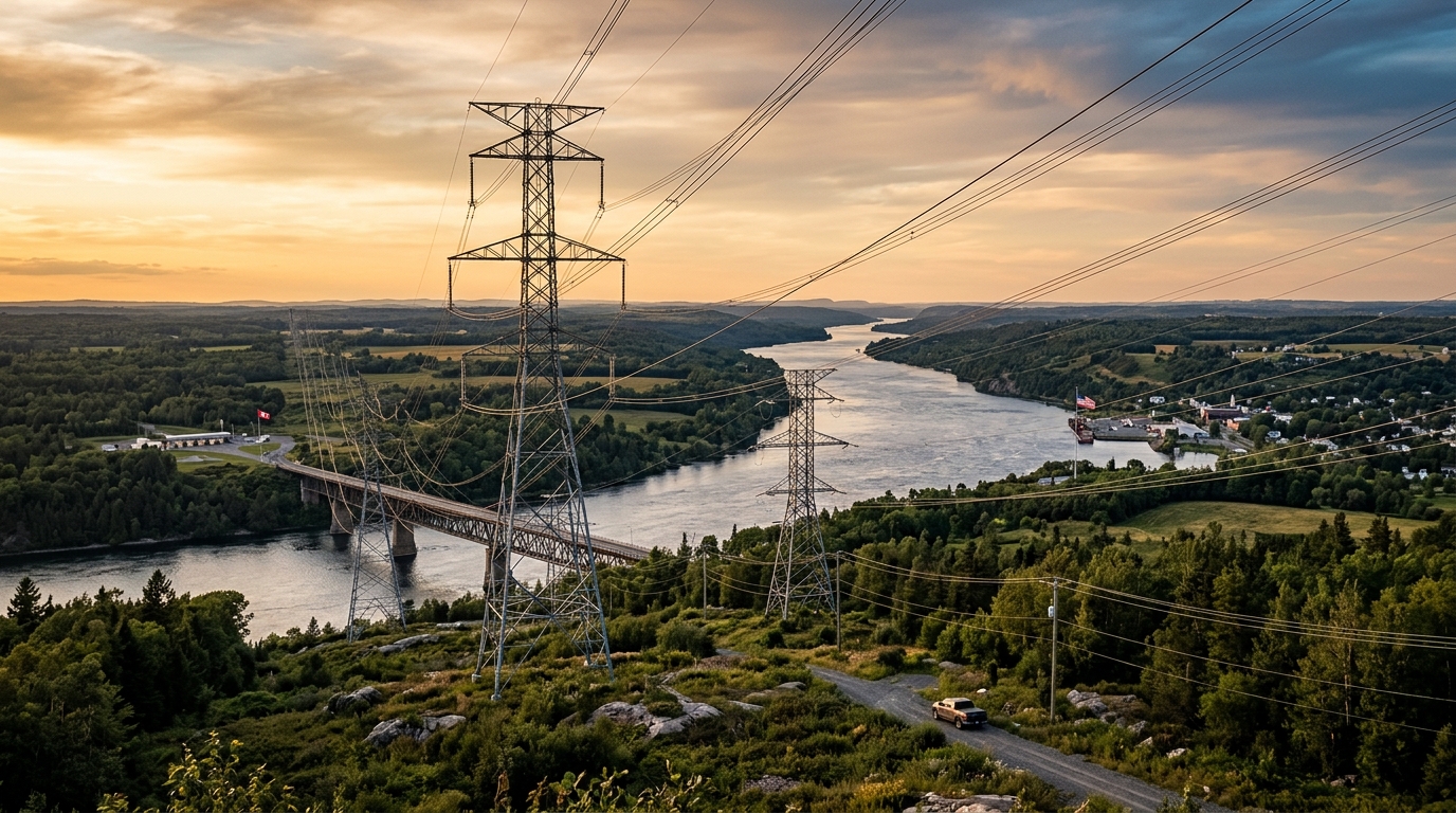 Comercio energético EE.UU.-Canadá: torres de transmisión eléctrica al atardecer