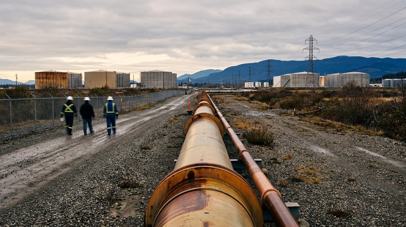 Pipelines in an industrial landscape reflecting the decline in U.S.-Canada energy trade driven by lower crude prices in 2025