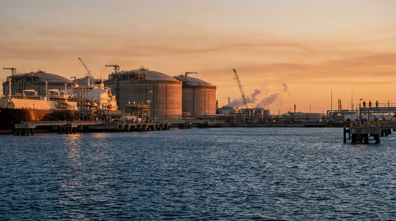 Terminal de exportación de GNL en la costa del Golfo de México al atardecer