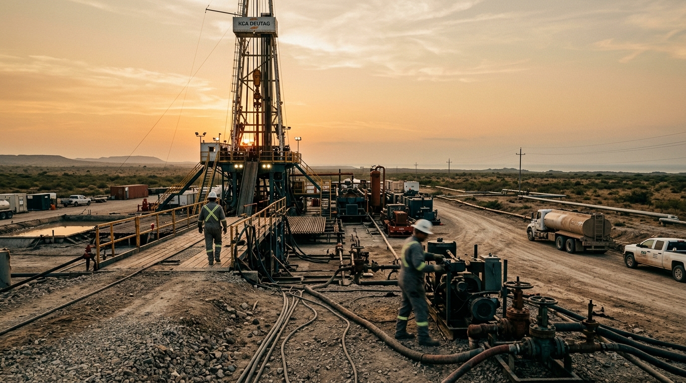 Fracking equipment with drilling rigs and exploratory wells in the Tampico-Misantla basin
