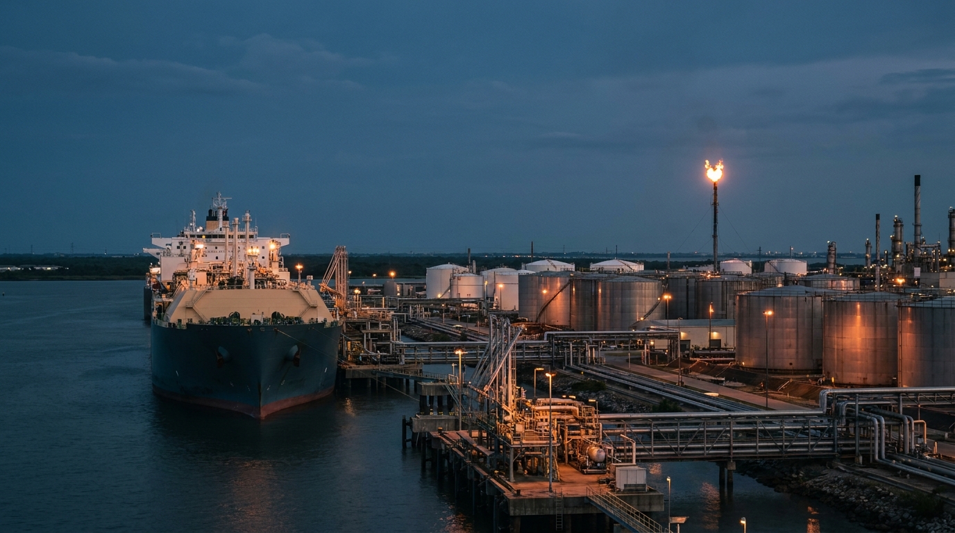 LNG tanker anchored off a Gulf refinery complex at dusk, with an industrial flare burning