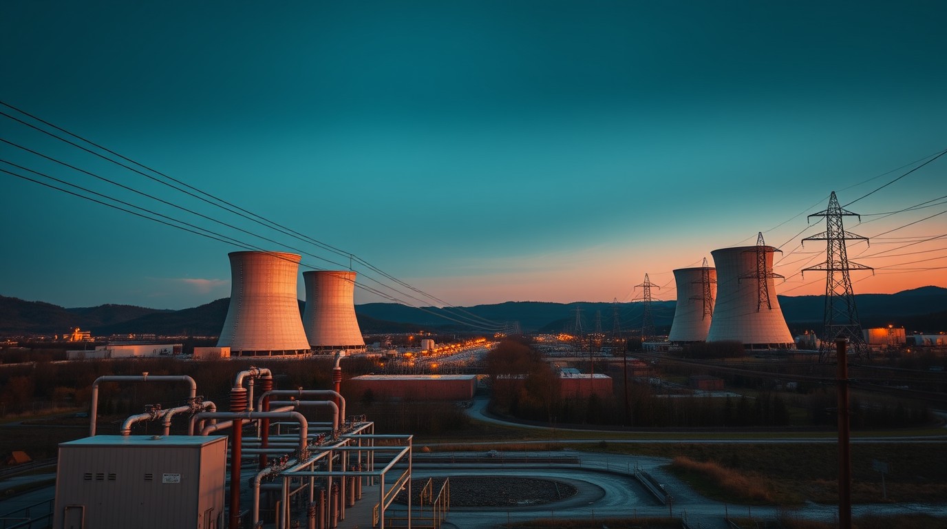 Nuclear plant with cooling towers and transmission lines at sunset