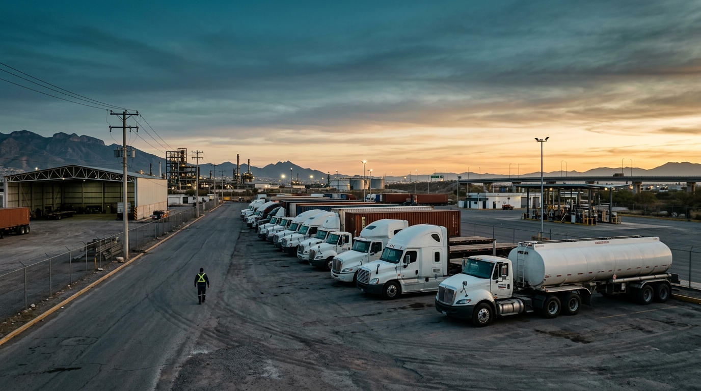 Camiones de carga en carretera mexicana ilustran el consumo de gasolina y diésel