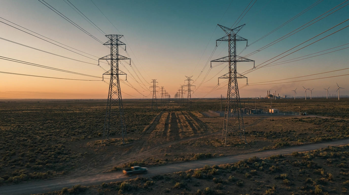 Torres de transmisión eléctrica al atardecer en paisaje semiárido mexicano