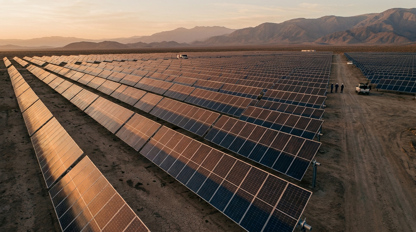 La Huella solar park with single-axis tracking photovoltaic panels in the Coquimbo desert, Chile