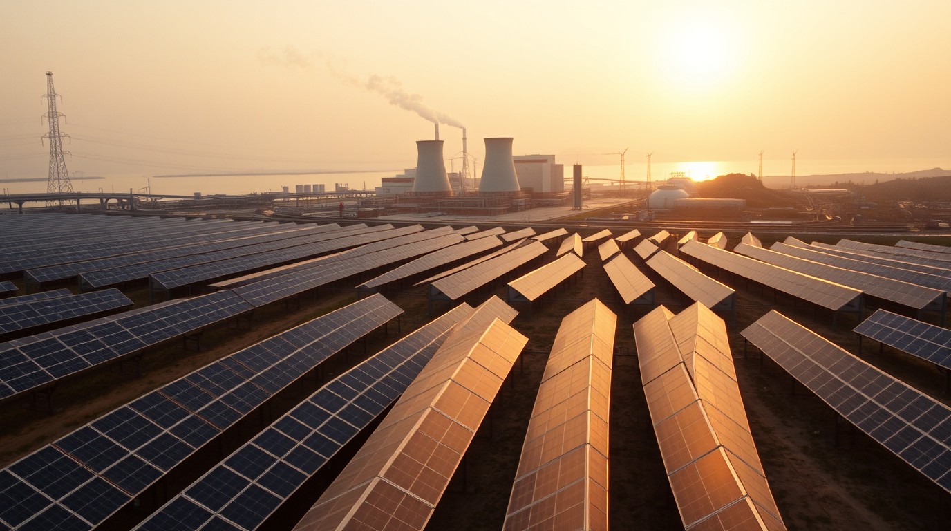 líneas de transmisión y paneles solares en un paisaje industrial al atardecer