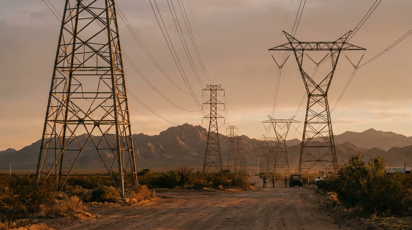Torres de transmisión eléctrica en paisaje fronterizo al atardecer con tonos ámbar y cobre