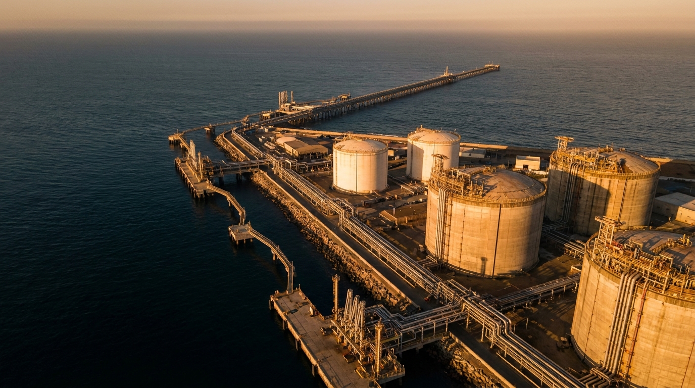 Costa Azul LNG terminal in Ensenada, with storage tanks and a dock on the Pacific Ocean