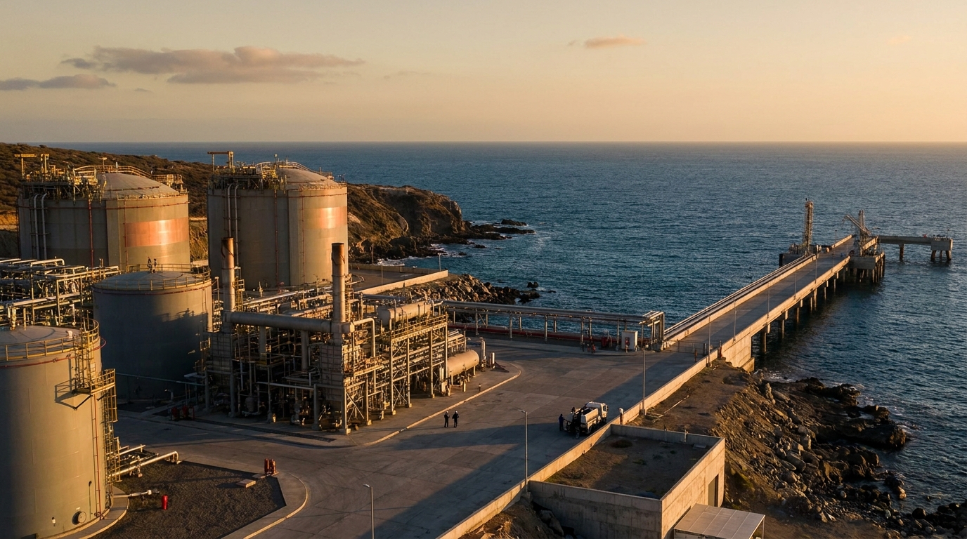Terminal Costa Azul de GNL en la costa de Baja California con tanques industriales y muelle sobre el Pacífico