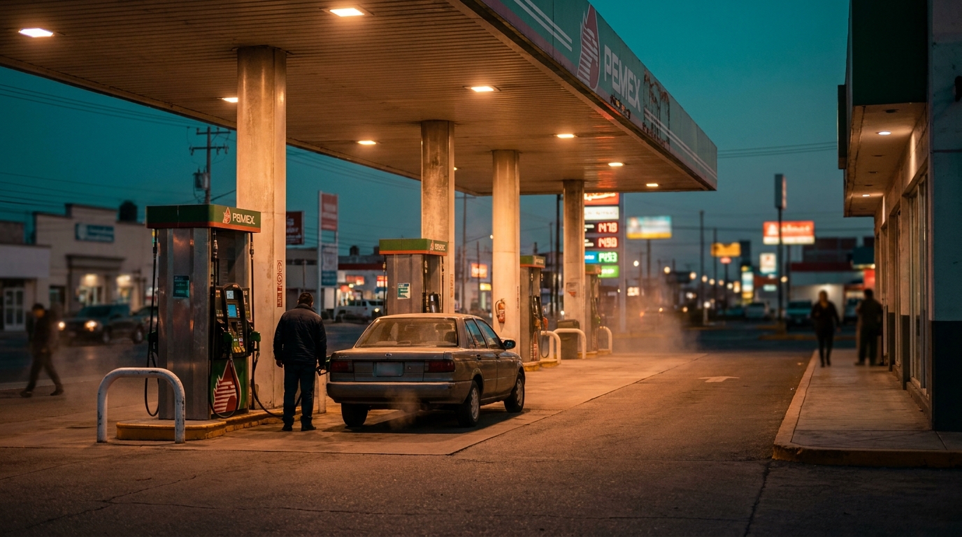 Gas station at dusk with fuel pumps and a car at the nozzle, illustrating the fiscal cost of the IEPS fuel stimulus