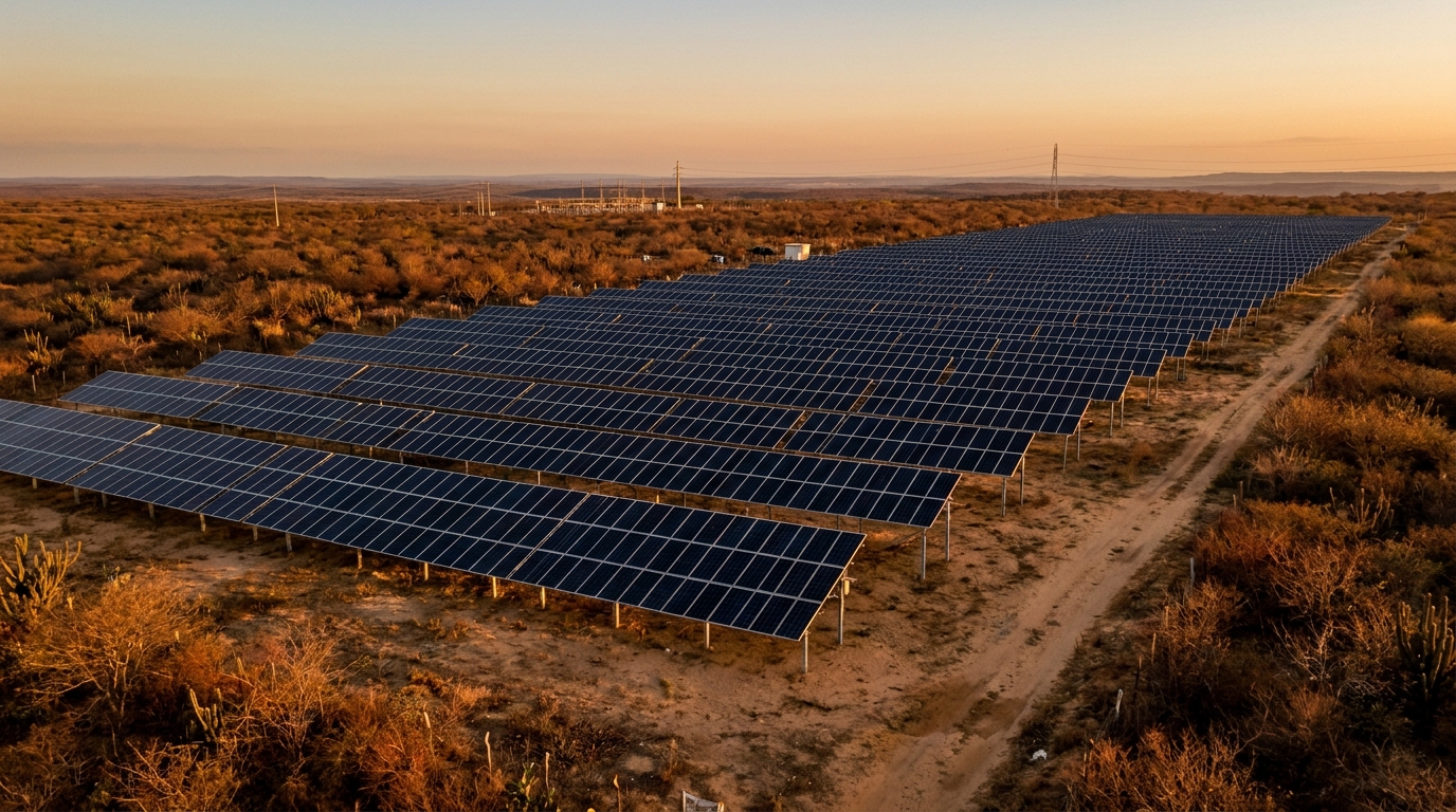 Solar photovoltaic farm in northeastern Brazil with rows of panels at sunset