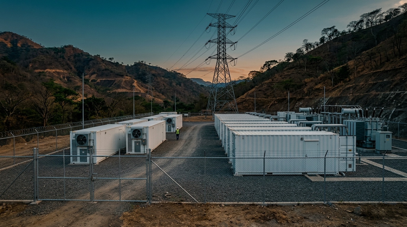 Industrial BESS battery storage units next to an electrical substation in Guatemala
